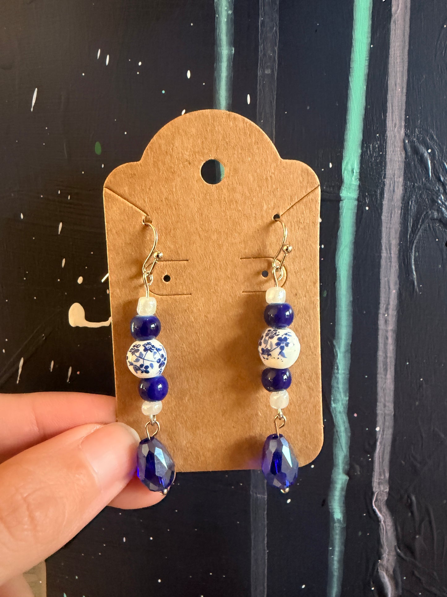 Blue Porcelain & Sapphire Bead Earrings