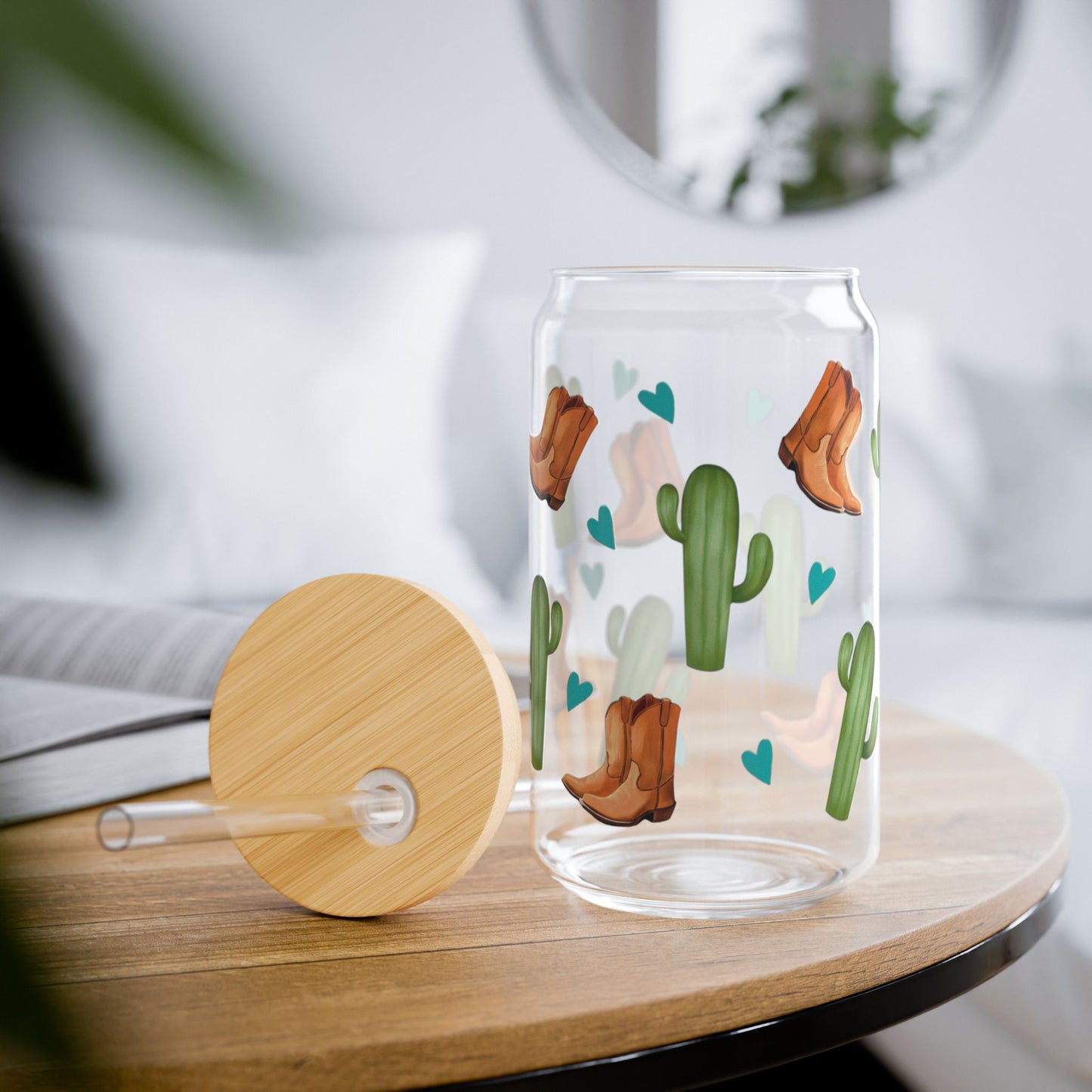 Western Cowboy Boots and Cactus Design, 16oz Glass Sipper