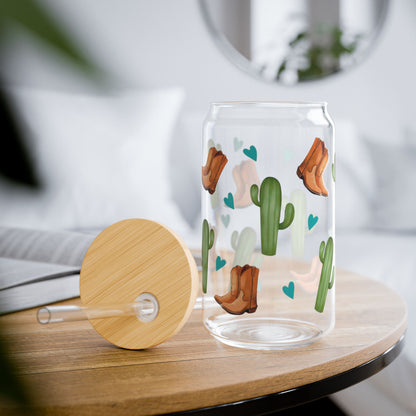 Western Cowboy Boots and Cactus Design, 16oz Glass Sipper