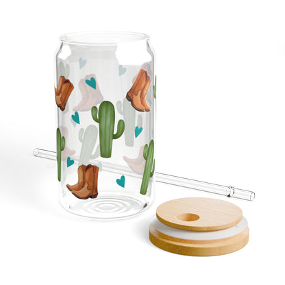 Western Cowboy Boots and Cactus Design, 16oz Glass Sipper