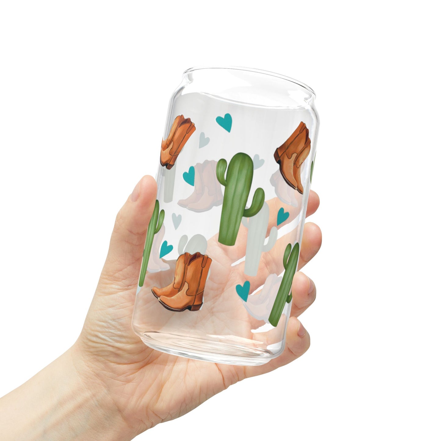 Western Cowboy Boots and Cactus Design, 16oz Glass Sipper