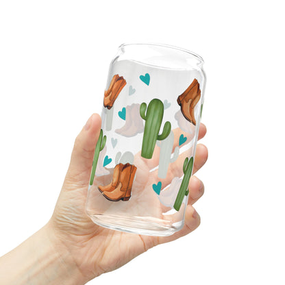 Western Cowboy Boots and Cactus Design, 16oz Glass Sipper