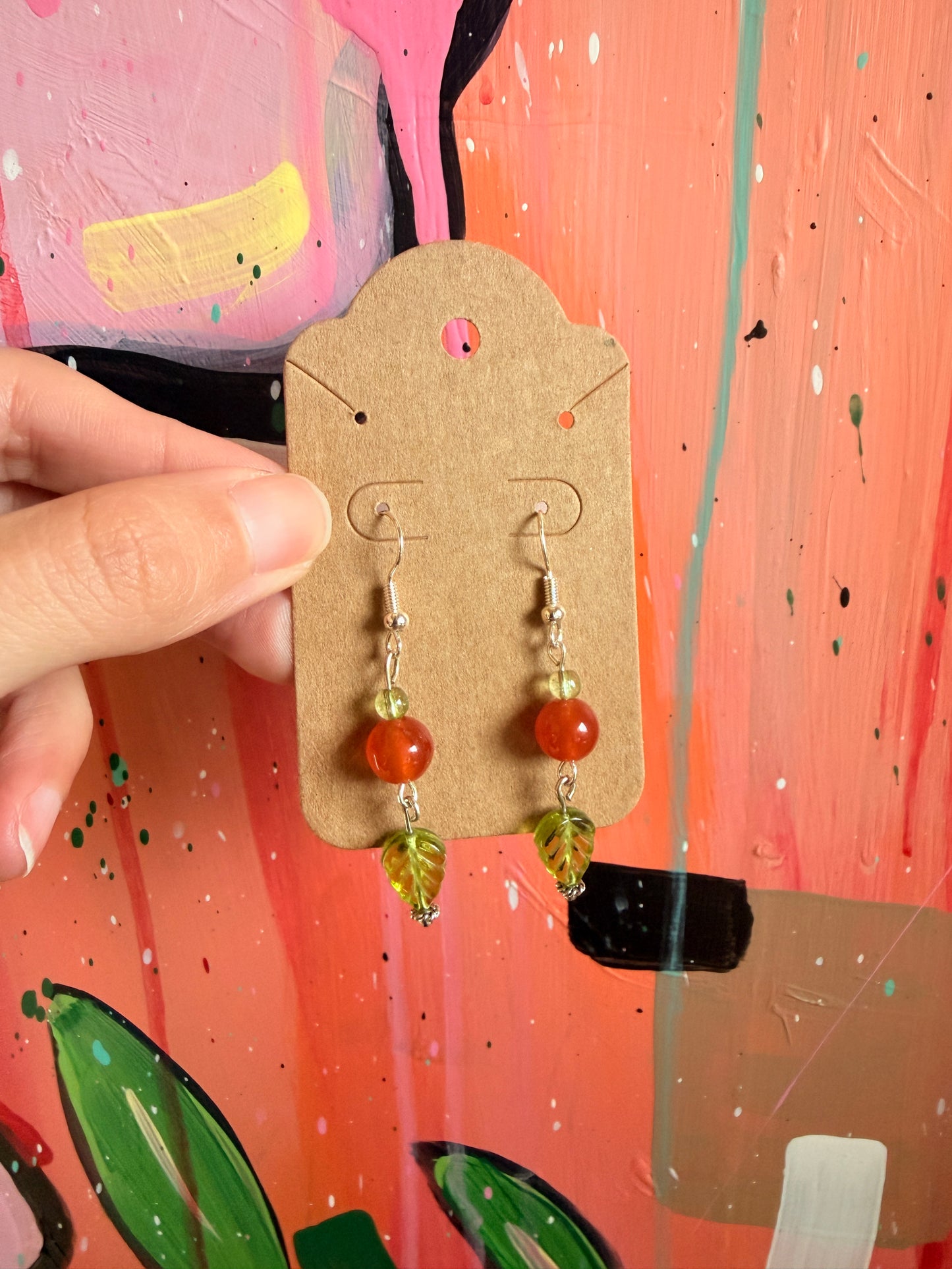 Orange Bead & Leaf Drop Earrings