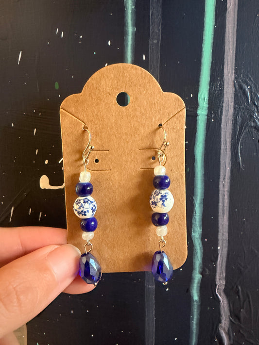 Blue Porcelain & Sapphire Bead Earrings